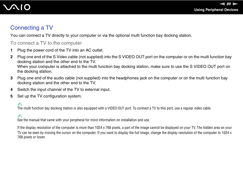 Connecting a tv | Sony VGN-FE680G User Manual | Page 89 / 195