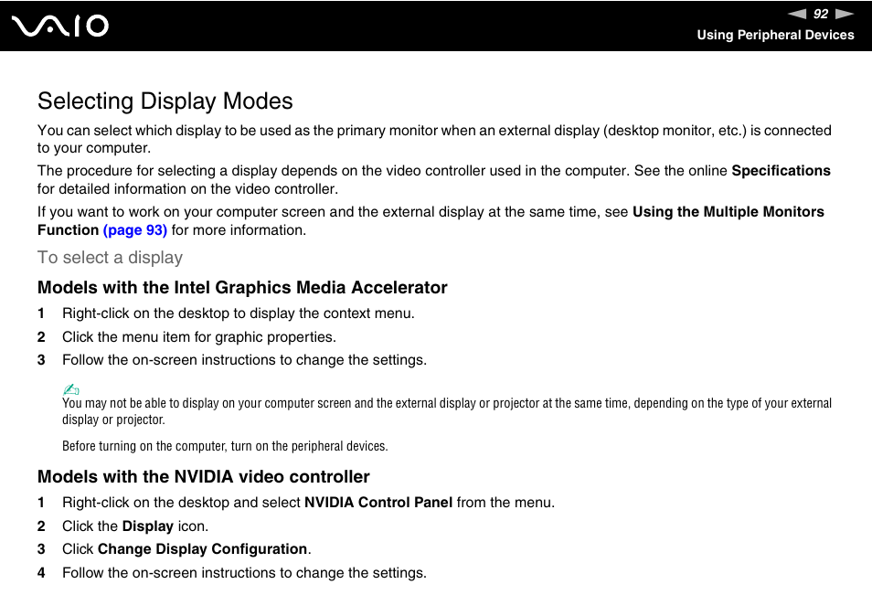 Selecting display modes | Sony VGN-FE680G User Manual | Page 92 / 195