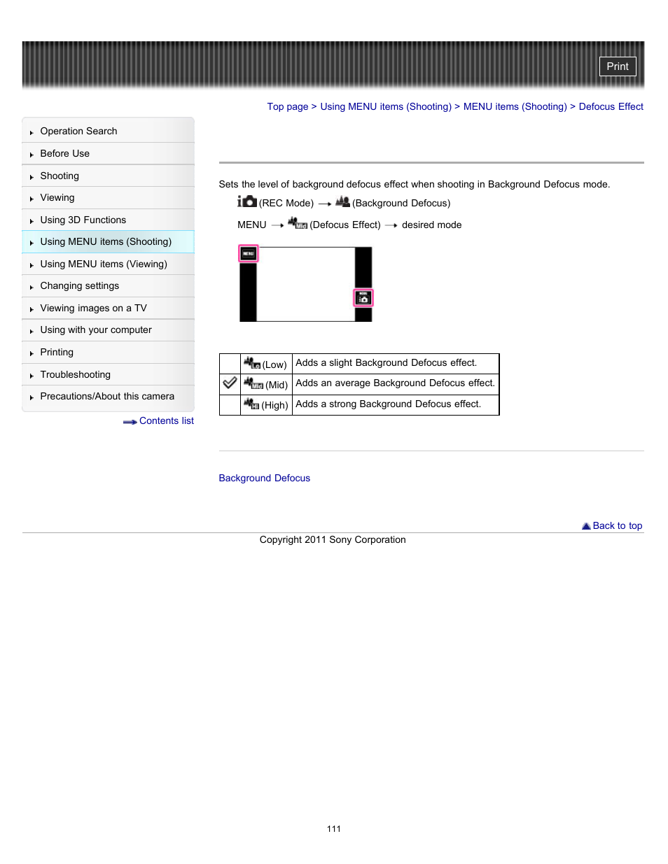 Defocus effect | Sony DSC-TX55 User Manual | Page 111 / 275