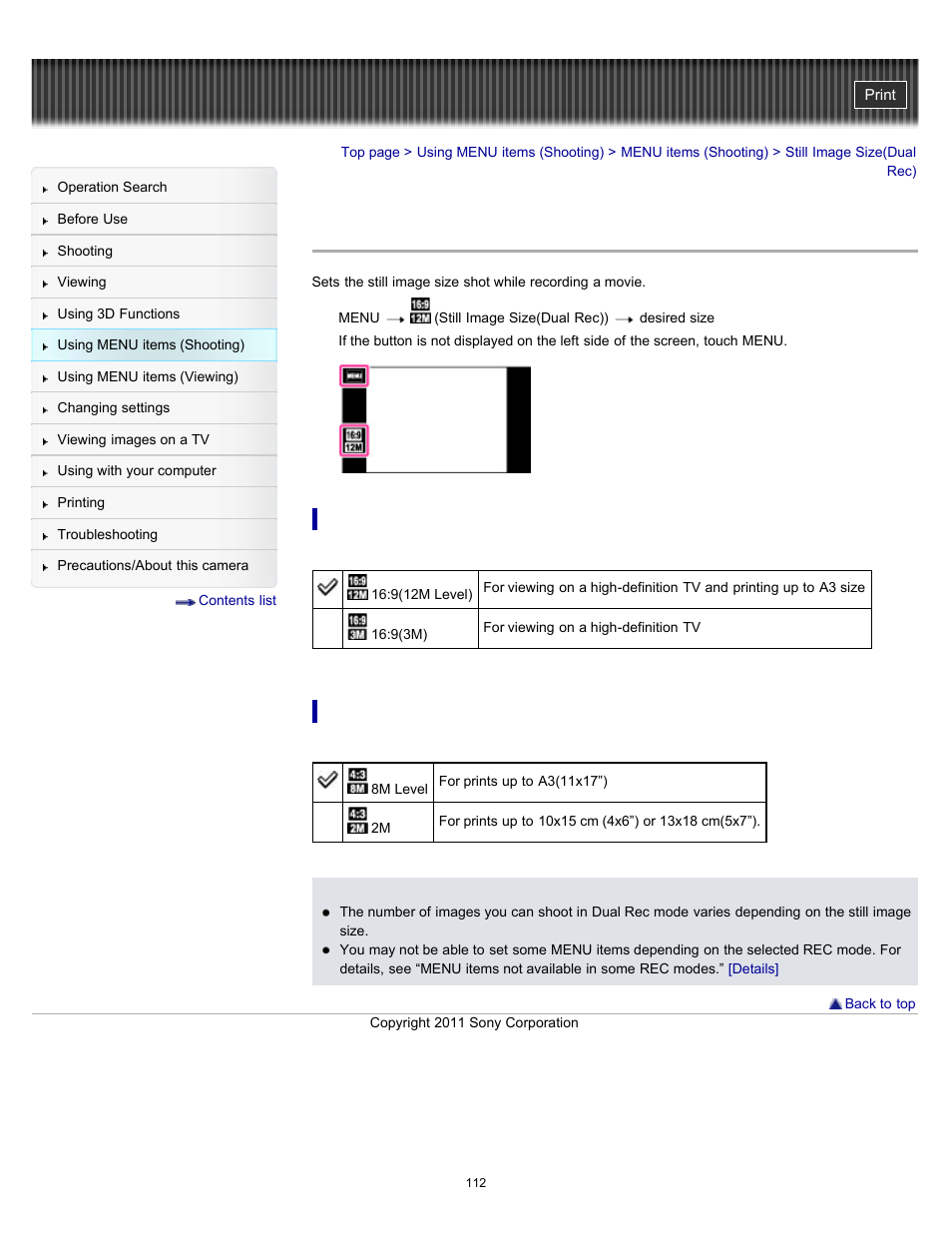 Still image size(dual rec), Details | Sony DSC-TX55 User Manual | Page 112 / 275