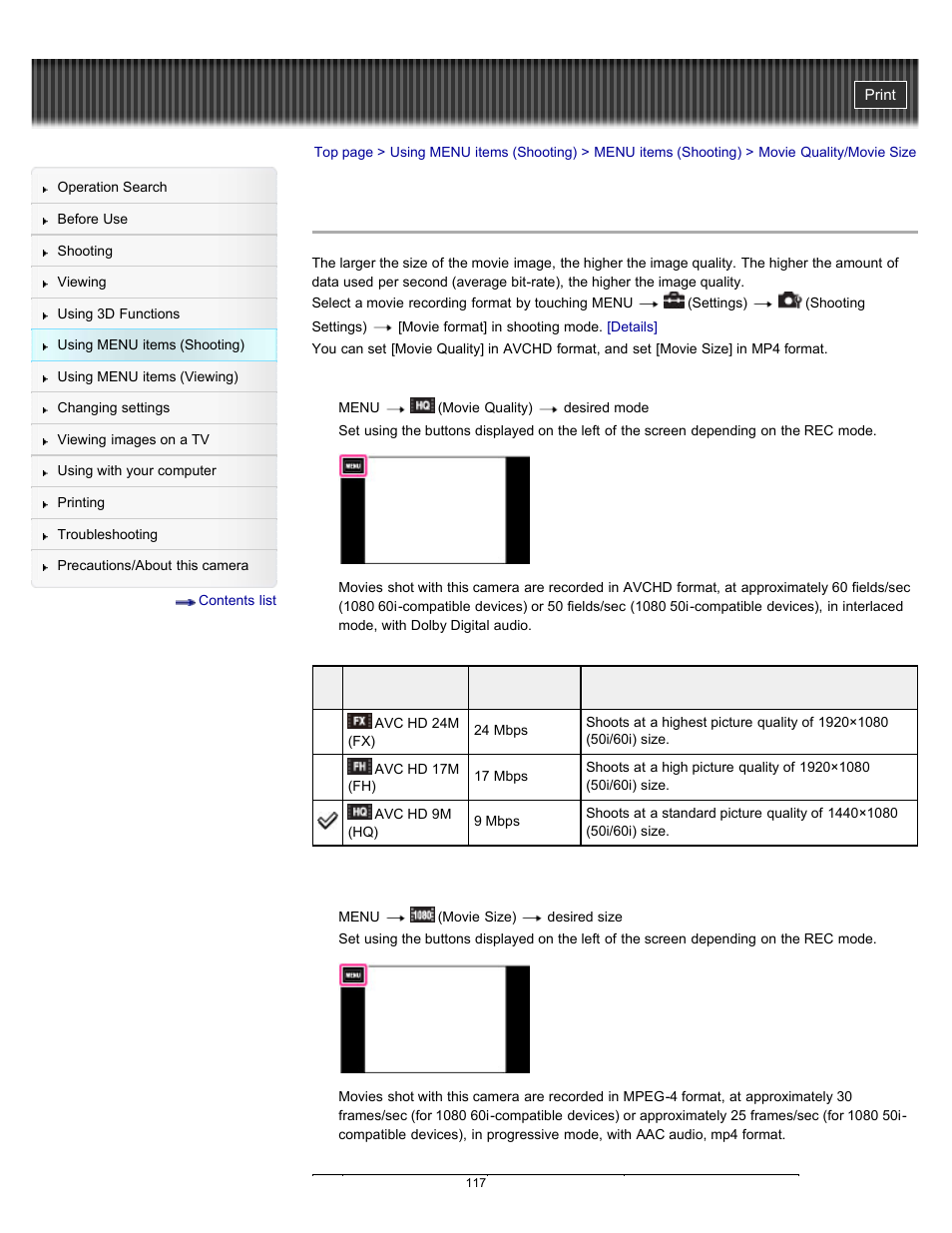 Movie quality/movie size | Sony DSC-TX55 User Manual | Page 117 / 275