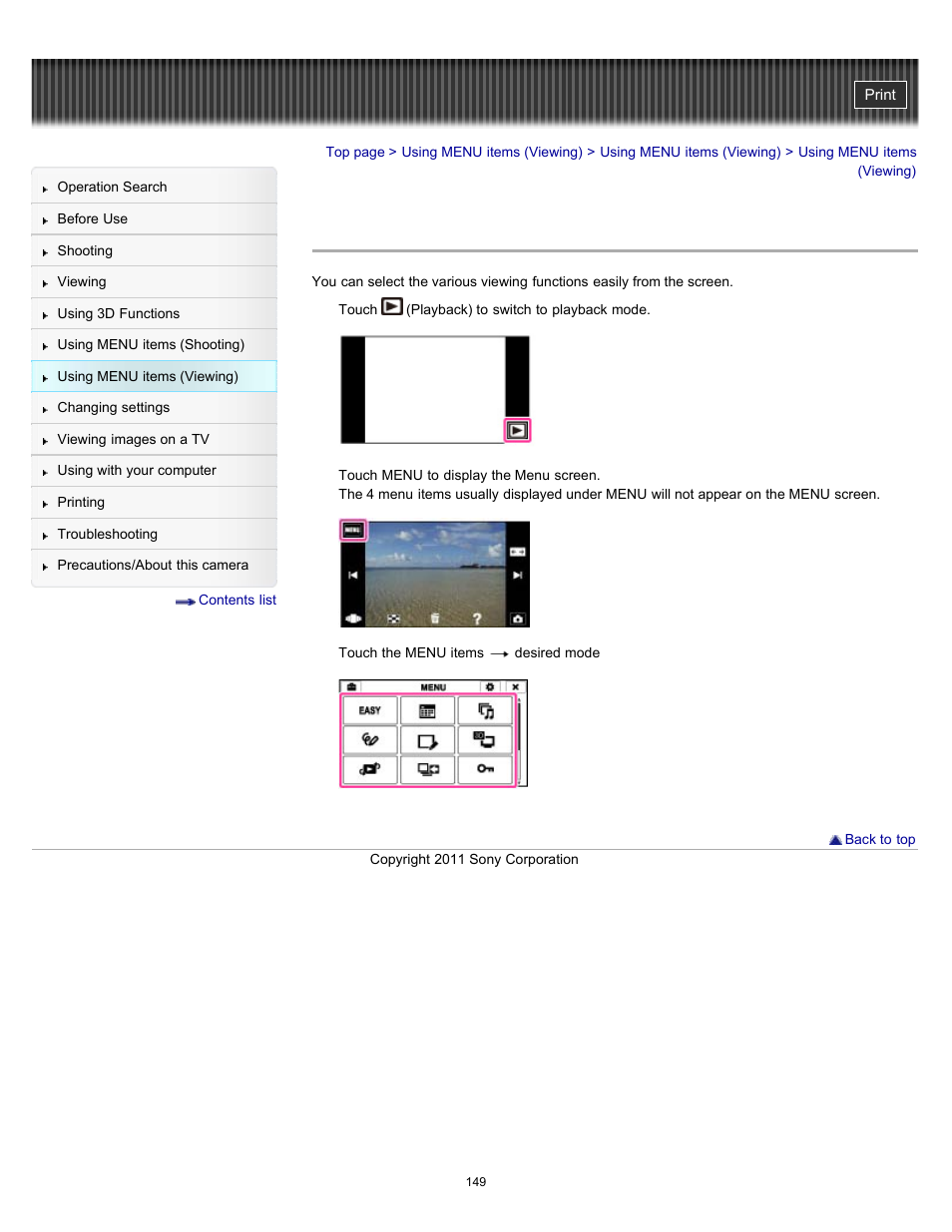 Using menu items (viewing) | Sony DSC-TX55 User Manual | Page 149 / 275