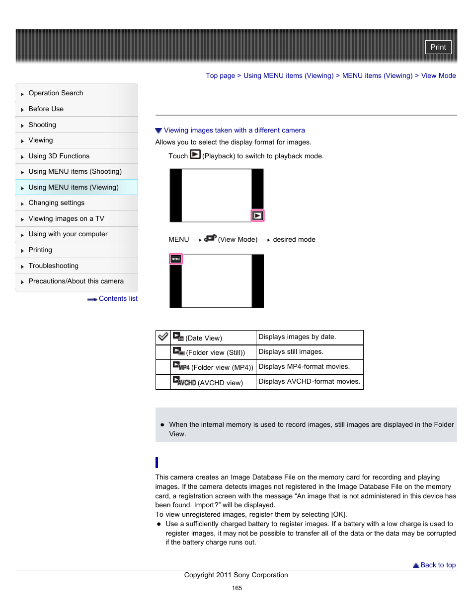 View mode | Sony DSC-TX55 User Manual | Page 165 / 275