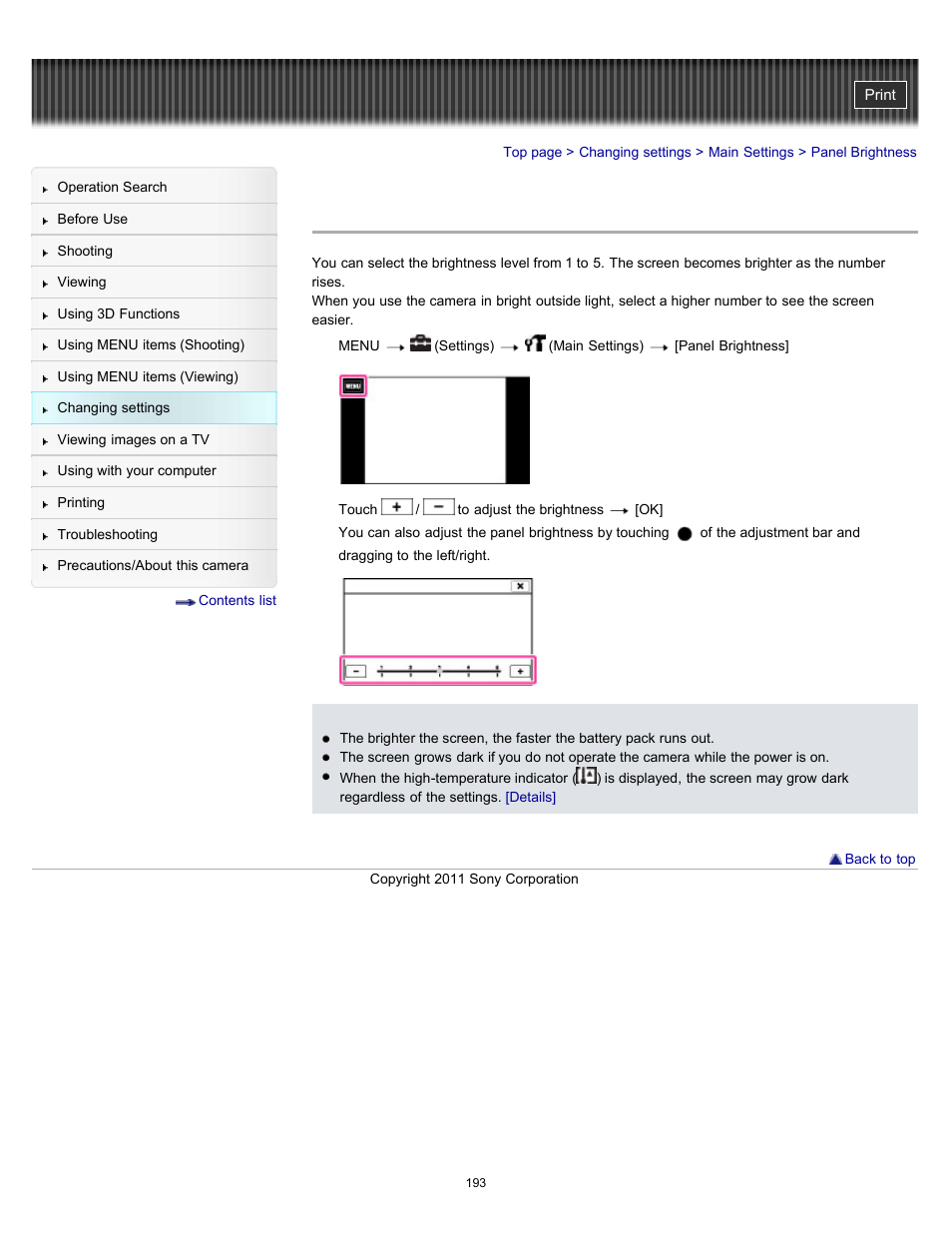 Panel brightness | Sony DSC-TX55 User Manual | Page 193 / 275
