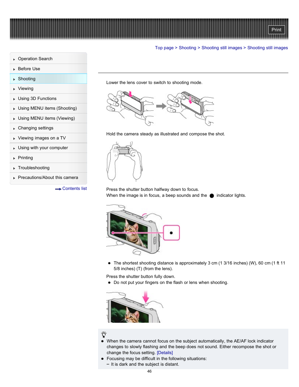 Shooting still images | Sony DSC-TX55 User Manual | Page 46 / 275