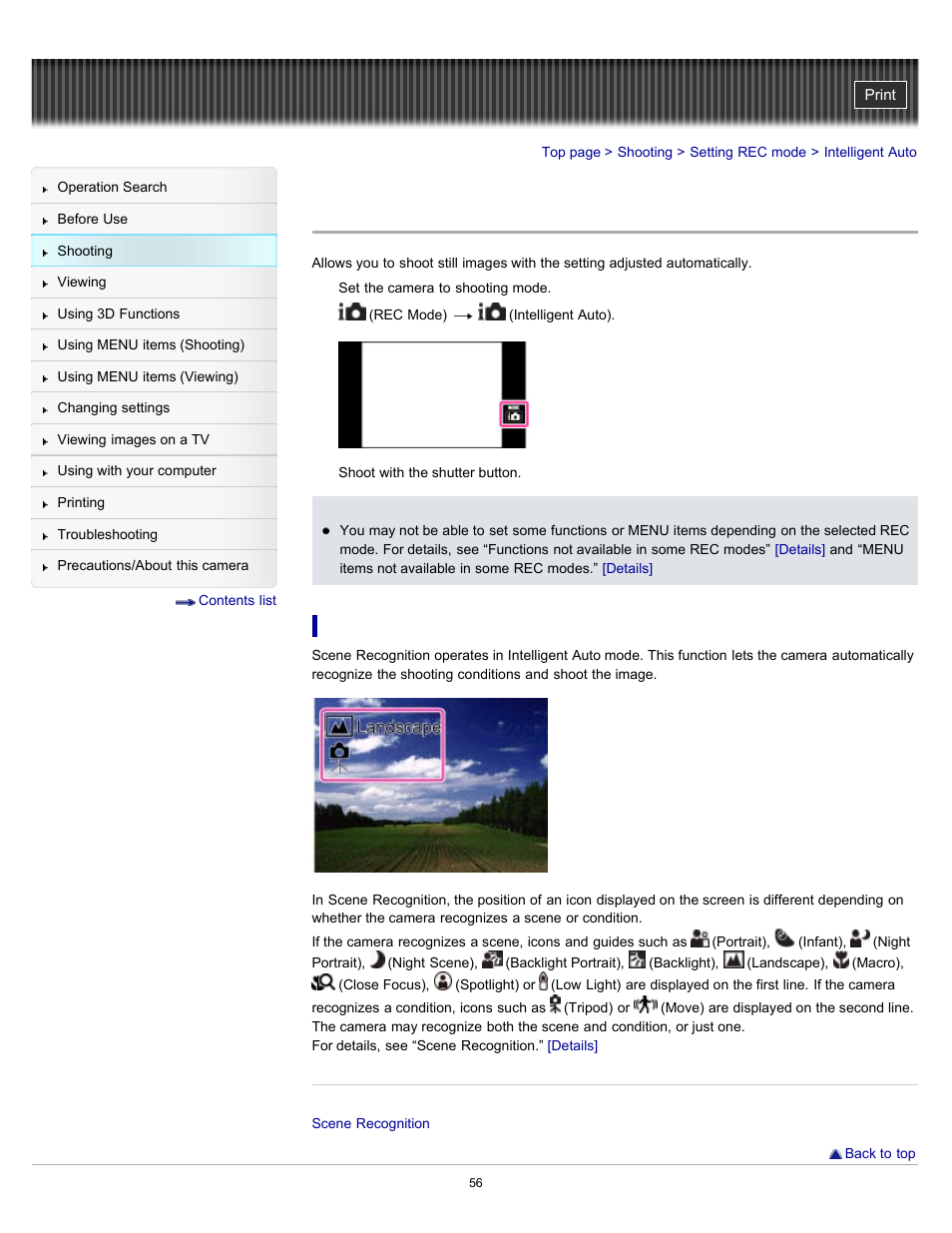 Intelligent auto, Details | Sony DSC-TX55 User Manual | Page 56 / 275