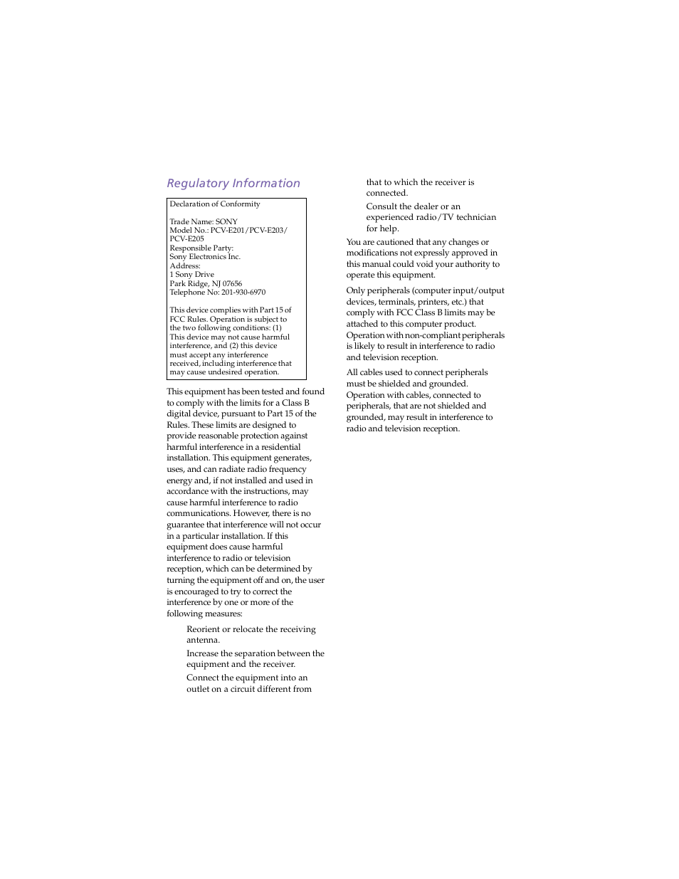Regulatory information | Sony PCV-E203 User Manual | Page 3 / 112