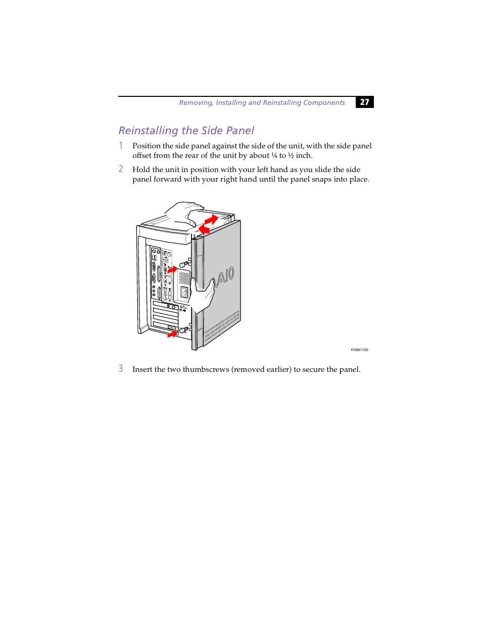 Reinstalling the side panel | Sony PCV-E203 User Manual | Page 35 / 112