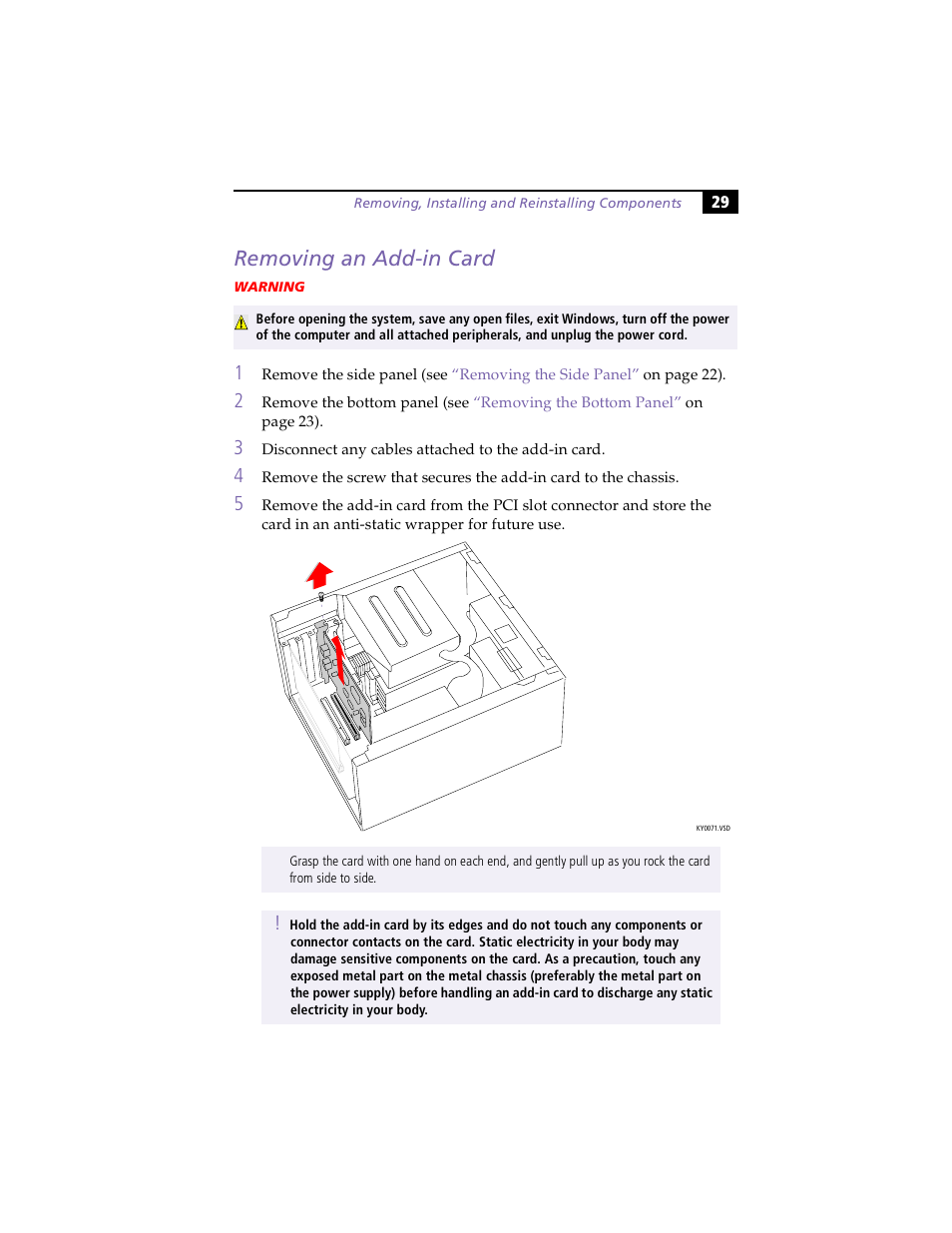 Removing an add-in card | Sony PCV-E203 User Manual | Page 37 / 112
