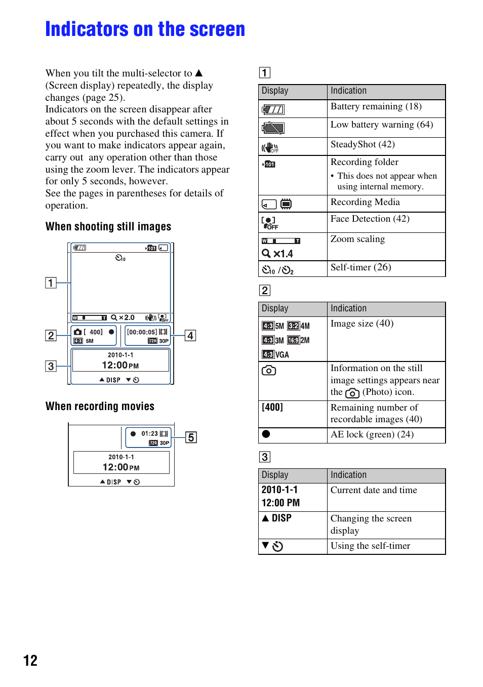 Indicators on the screen | Sony bloggie  MHS-PM5 User Manual | Page 12 / 73