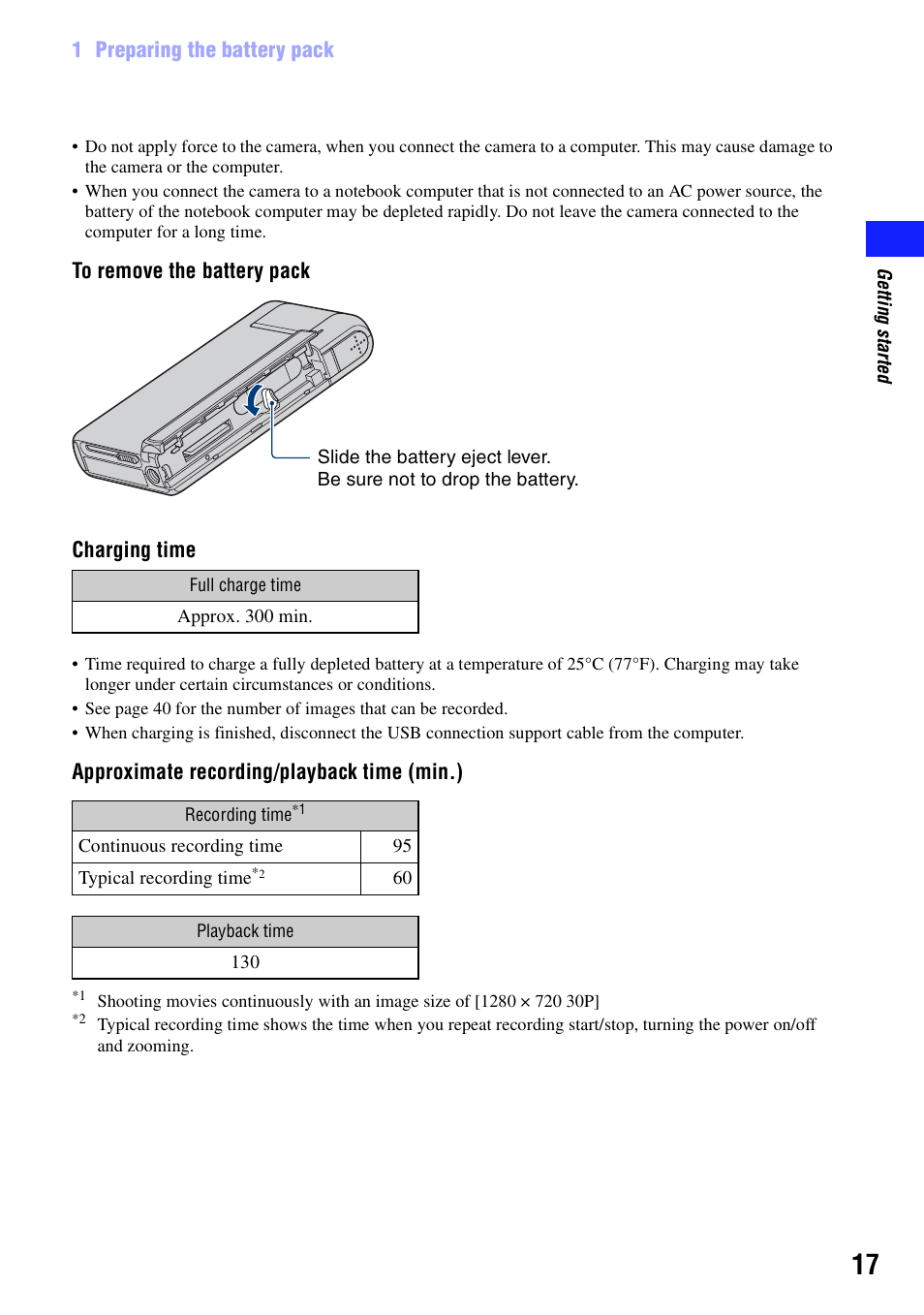 1 preparing the battery pack, Approximate recording/playback time (min.) | Sony bloggie  MHS-PM5 User Manual | Page 17 / 73
