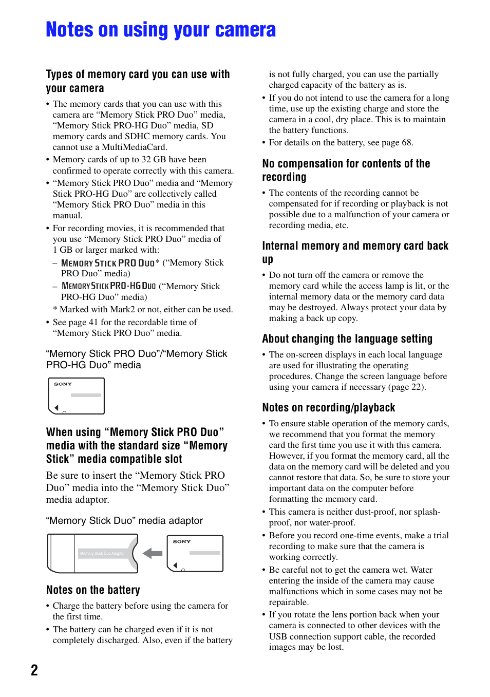 Notes on using your camera | Sony bloggie  MHS-PM5 User Manual | Page 2 / 73