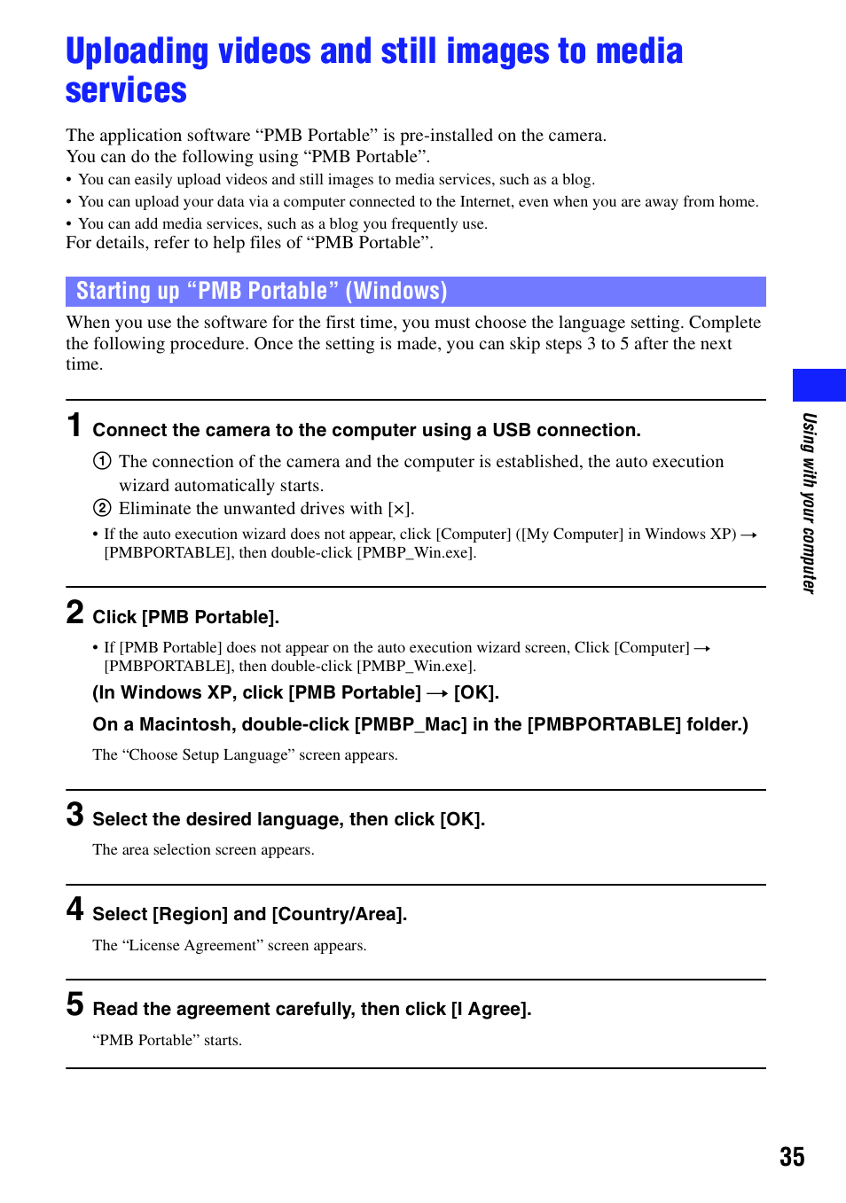 Starting up “pmb portable” (windows) | Sony bloggie  MHS-PM5 User Manual | Page 35 / 73