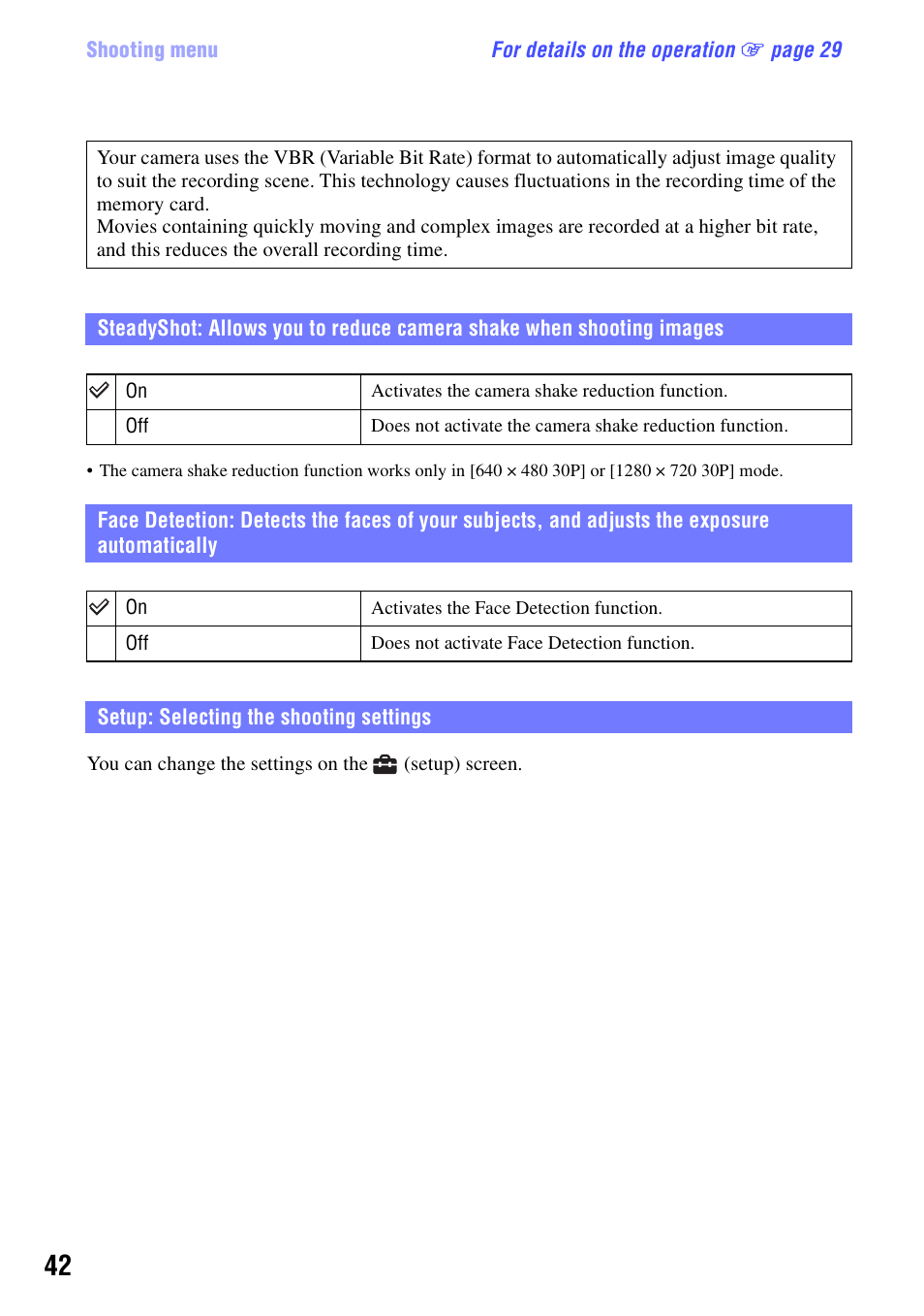 Setup: selecting the shooting settings | Sony bloggie  MHS-PM5 User Manual | Page 42 / 73