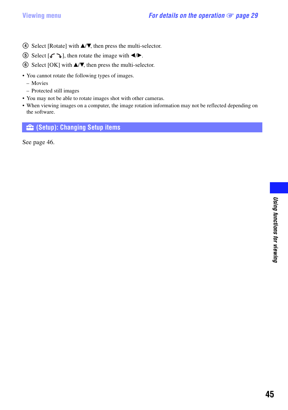 Setup): changing setup items | Sony bloggie  MHS-PM5 User Manual | Page 45 / 73