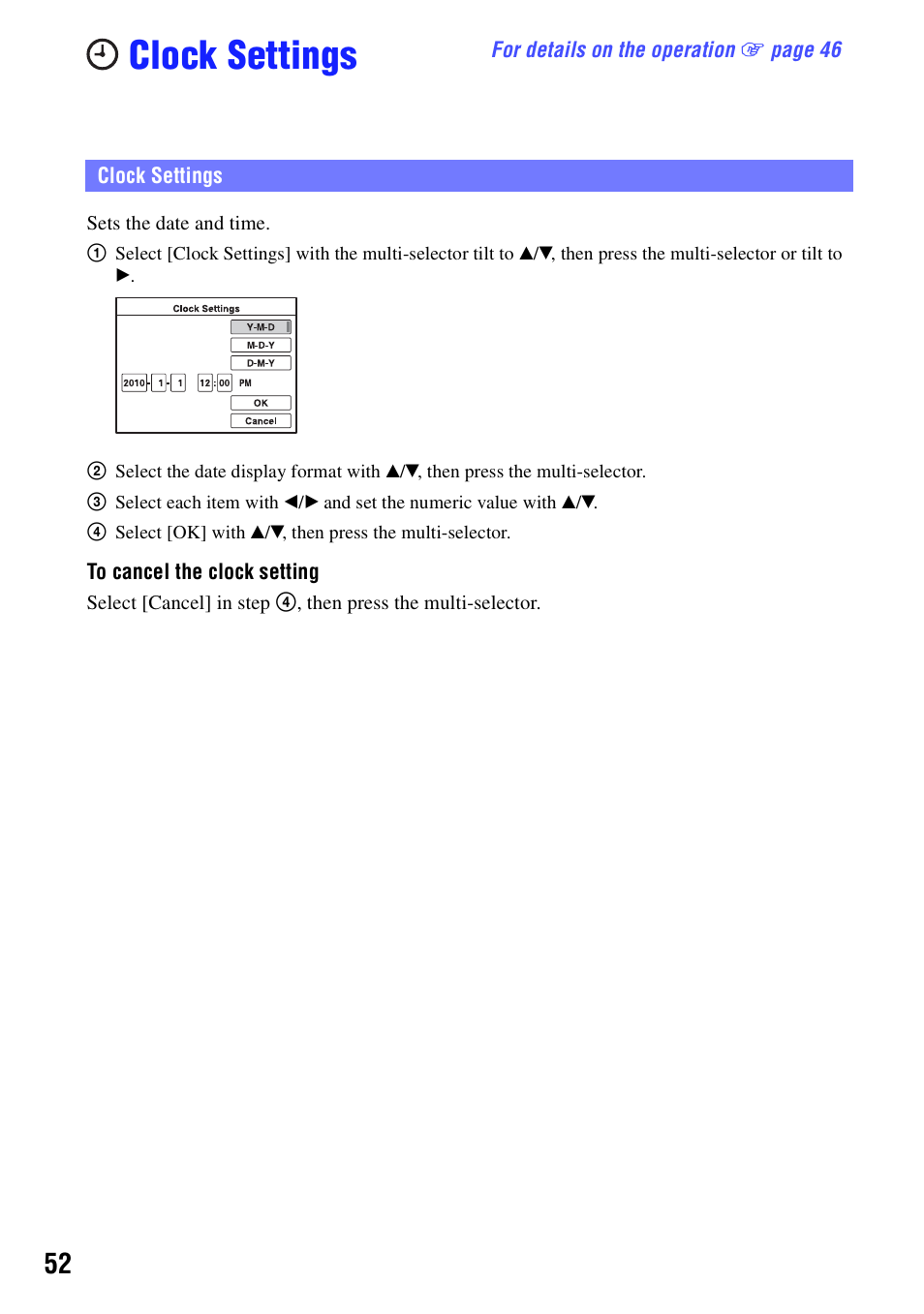 Clock settings | Sony bloggie  MHS-PM5 User Manual | Page 52 / 73