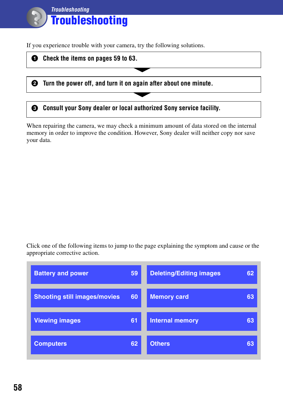 Troubleshooting | Sony bloggie  MHS-PM5 User Manual | Page 58 / 73