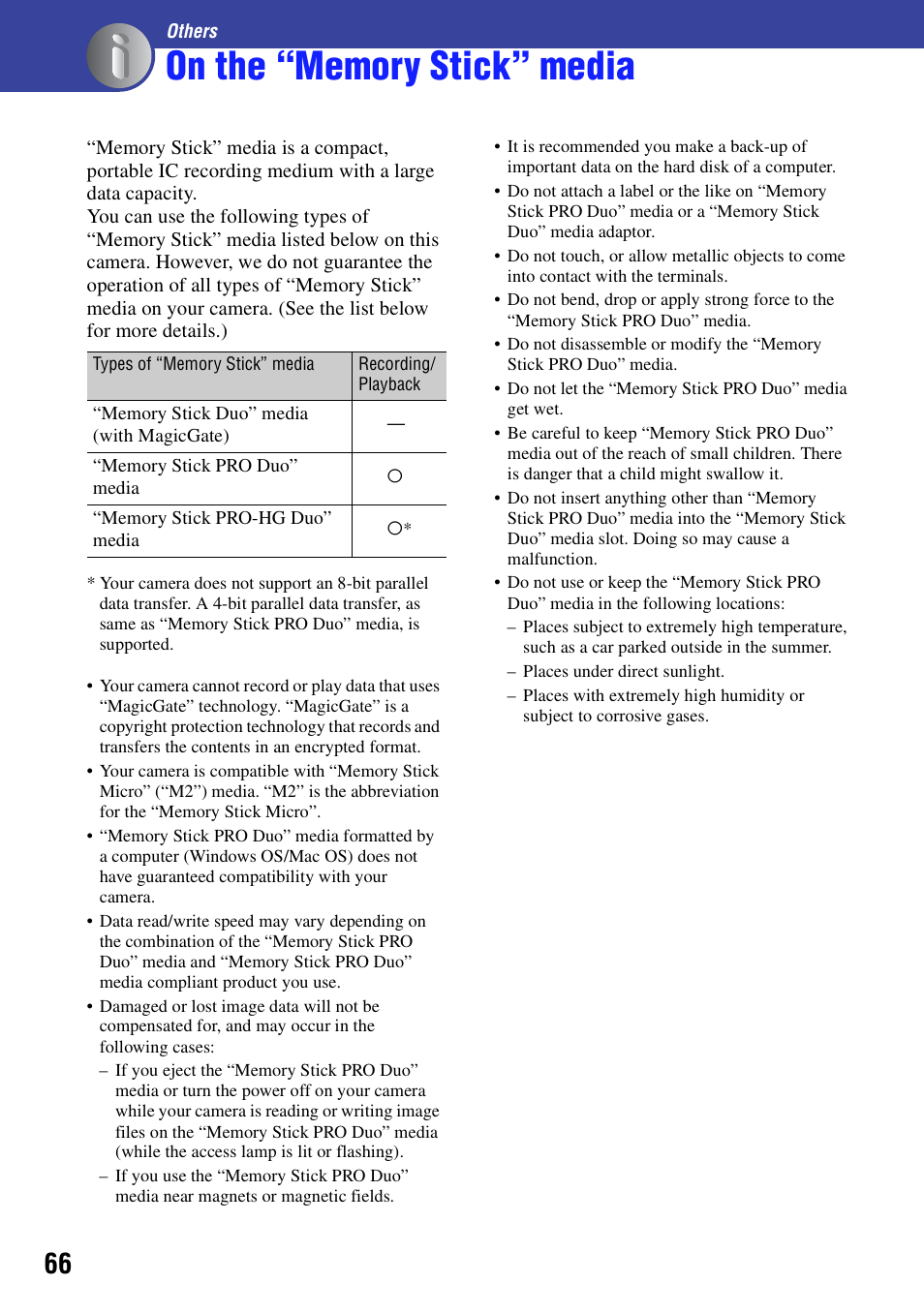 Others, On the “memory stick” media | Sony bloggie  MHS-PM5 User Manual | Page 66 / 73