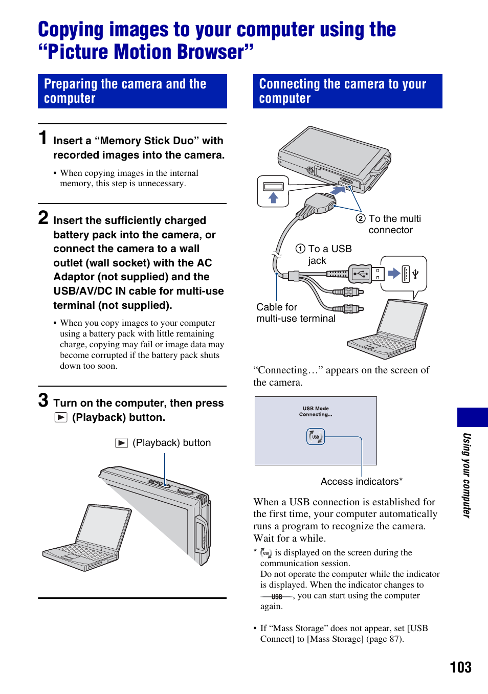 103 a, Preparing the camera and the computer, Connecting the camera to your computer | Sony DSC-T300 User Manual | Page 103 / 147