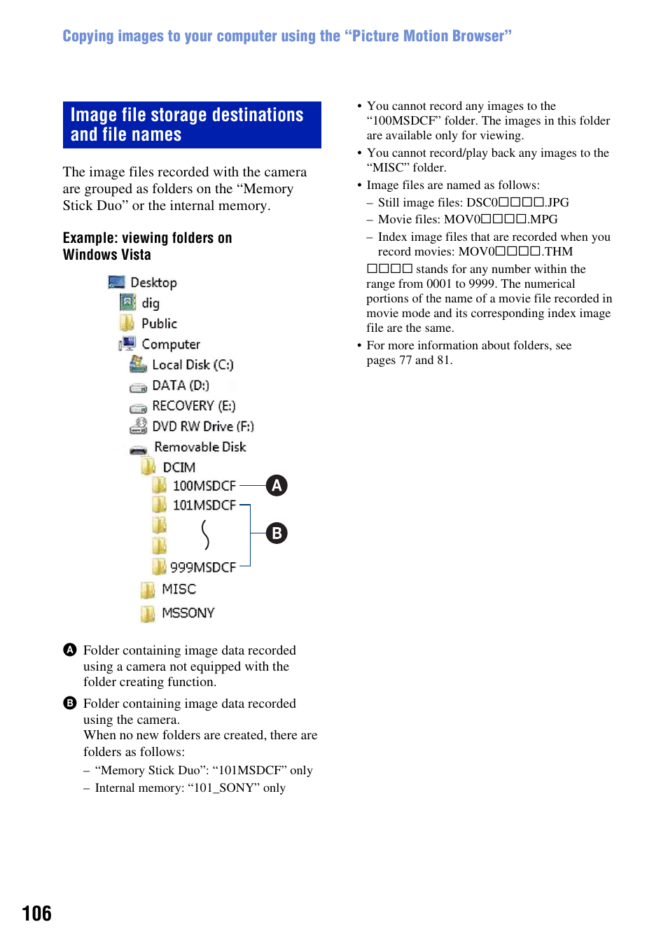 Image file storage destinations and file names | Sony DSC-T300 User Manual | Page 106 / 147