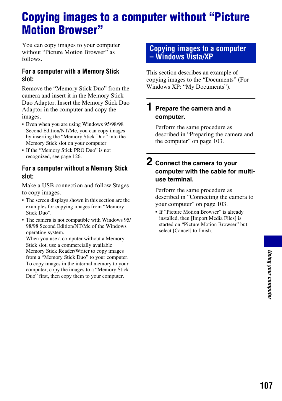 Copying images to a computer – windows vista/xp | Sony DSC-T300 User Manual | Page 107 / 147