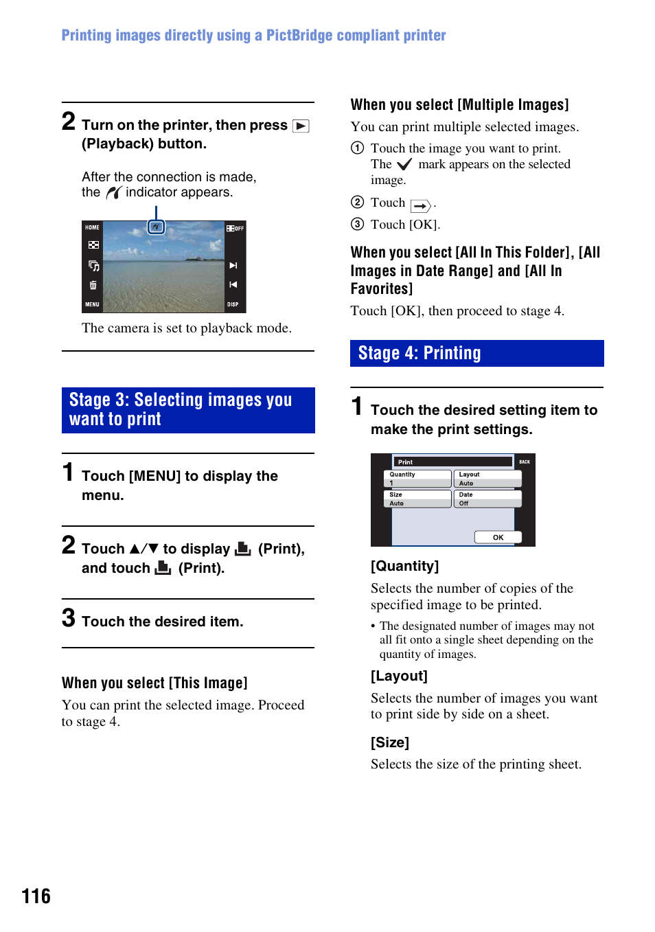 Stage 3: selecting images you want to print, Stage 4: printing | Sony DSC-T300 User Manual | Page 116 / 147