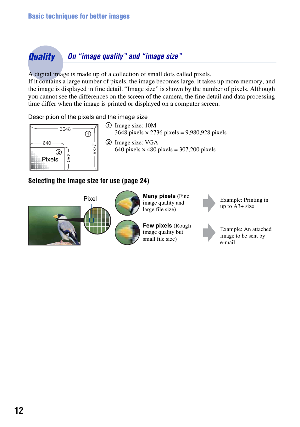 Quality - on “image quality” and “image size, Quality – on “image quality” and “image size, Quality | Sony DSC-T300 User Manual | Page 12 / 147