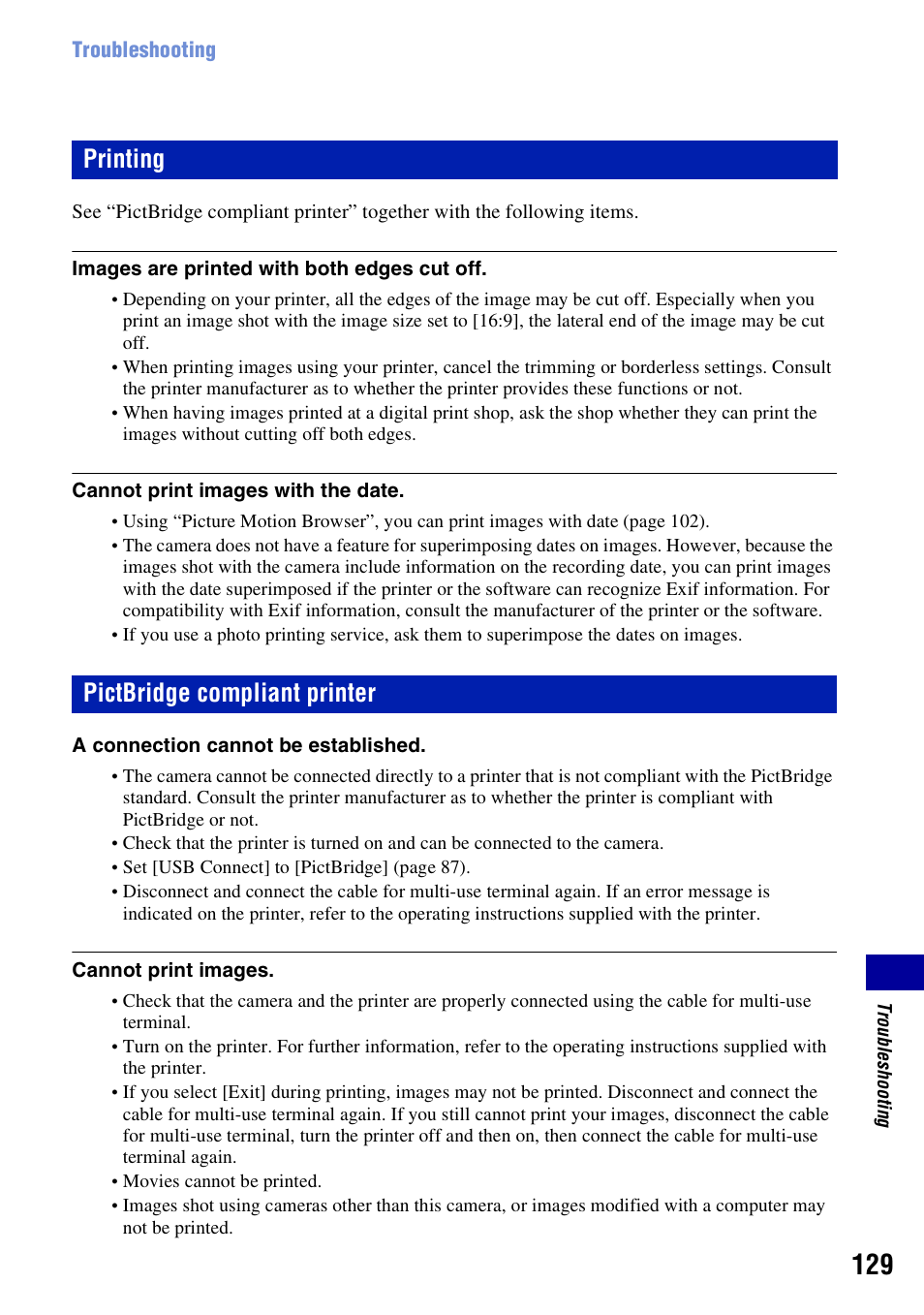 Printing, Pictbridge compliant printer, Printing pictbridge compliant printer | Sony DSC-T300 User Manual | Page 129 / 147