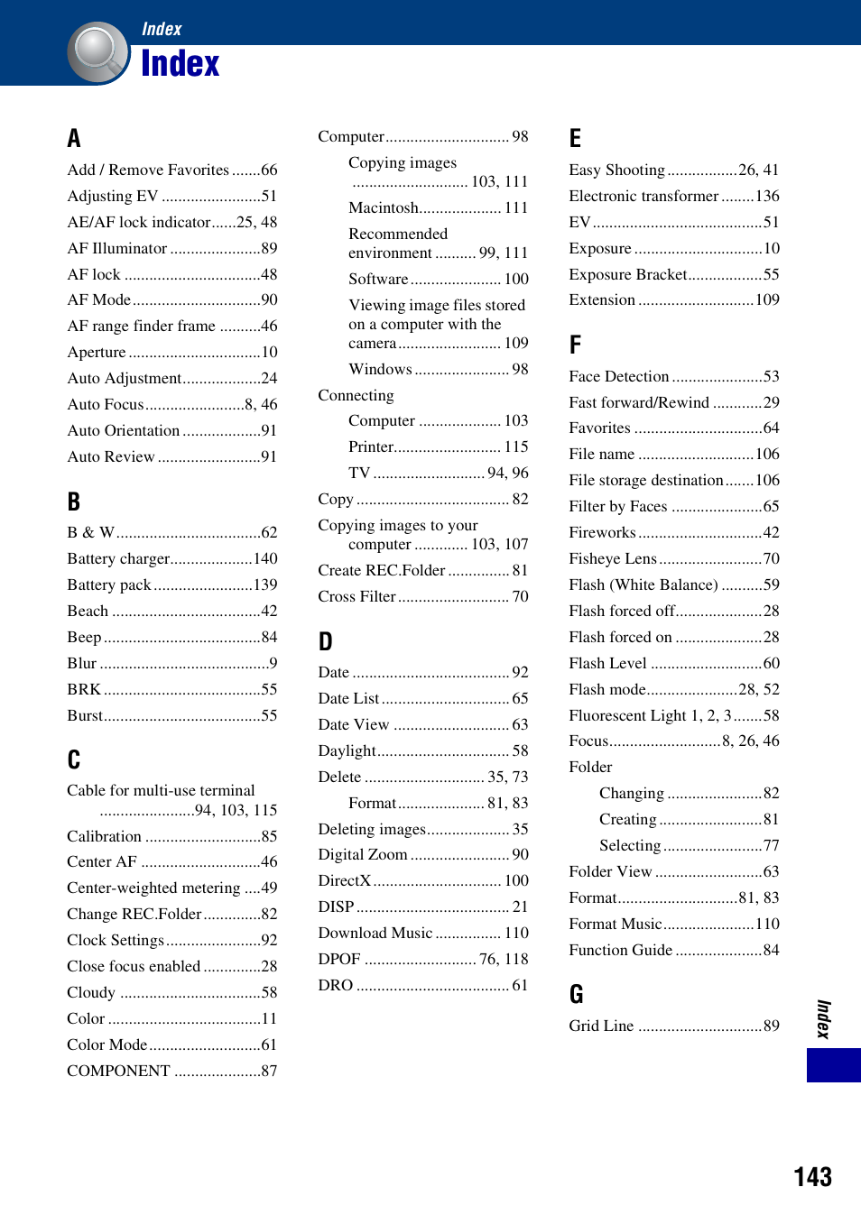 Index | Sony DSC-T300 User Manual | Page 143 / 147
