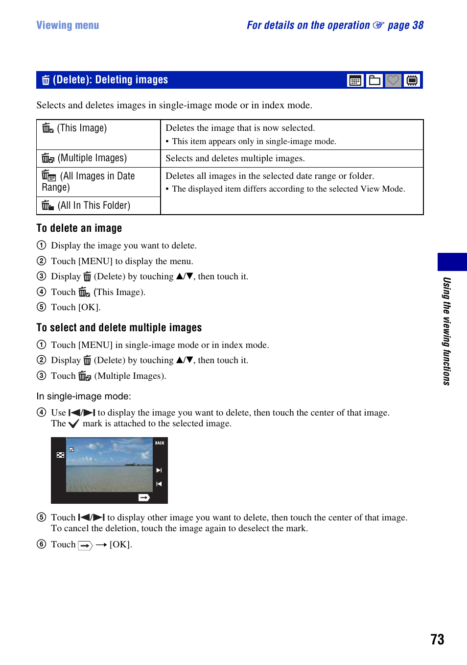 Delete): deleting images | Sony DSC-T300 User Manual | Page 73 / 147