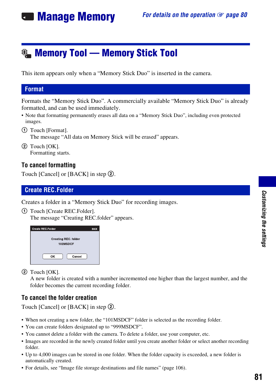 Manage memory, Memory tool - memory stick tool, Format | Create rec.folder, Memory tool — memory stick tool | Sony DSC-T300 User Manual | Page 81 / 147