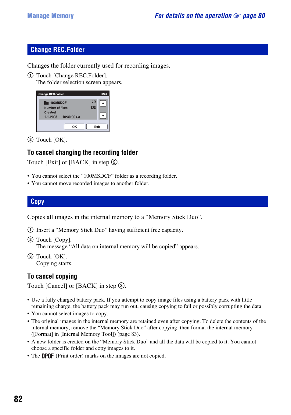 Change rec.folder, Copy | Sony DSC-T300 User Manual | Page 82 / 147