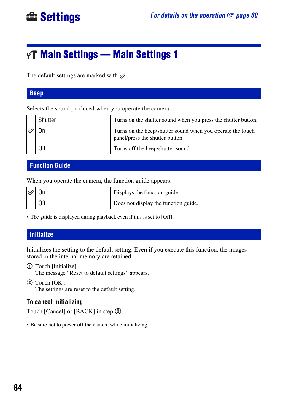 Settings, Main settings - main settings 1, Beep | Function guide, Initialize, Main settings — main settings 1, Beep initialize | Sony DSC-T300 User Manual | Page 84 / 147