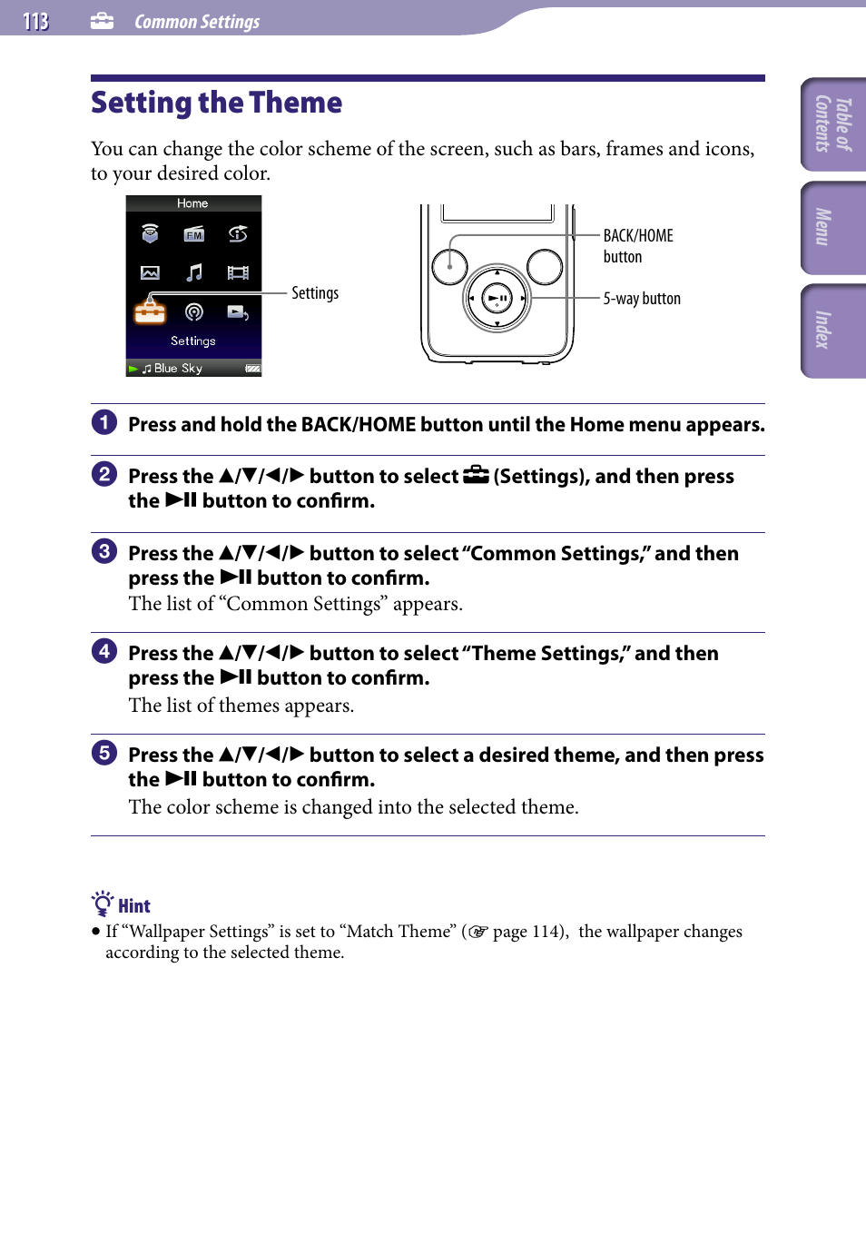 Setting the theme, Theme settings | Sony NWZ-S738FBNCYO User Manual | Page 113 / 166
