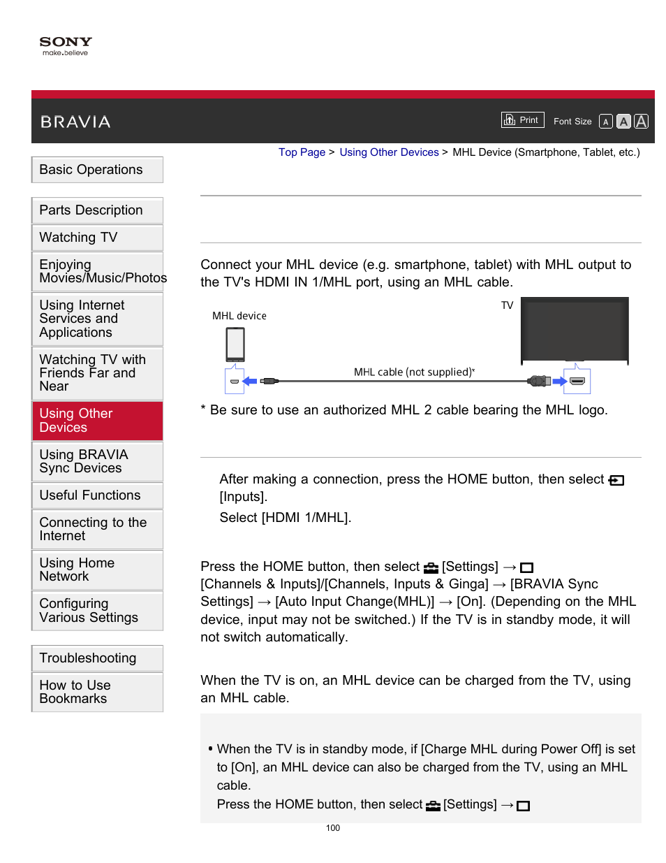 Mhl device (smartphone, tablet, etc.) | Sony KDL-60W850B User Manual | Page 106 / 245
