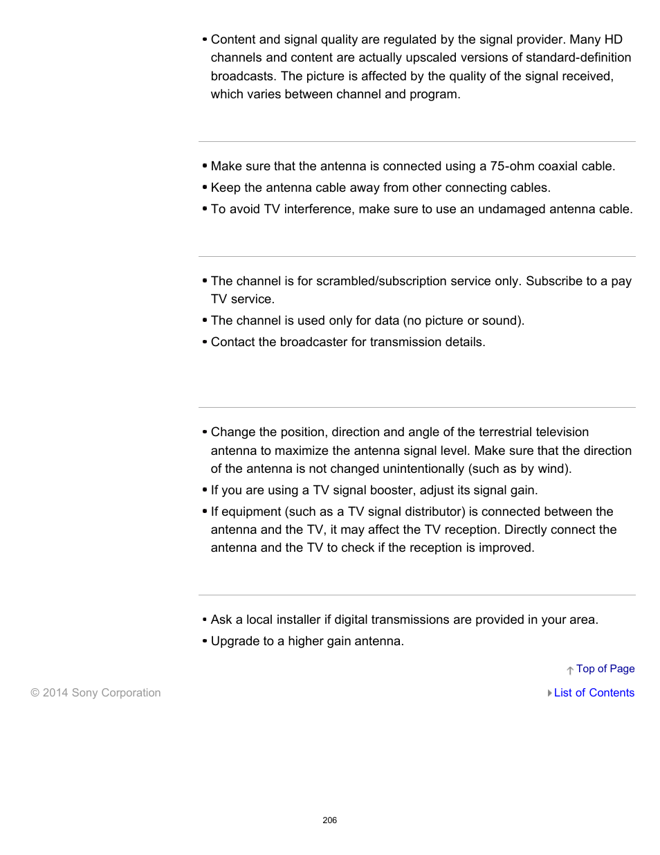 Noisy picture, Some channels are blank, You cannot view digital channels | Sony KDL-60W850B User Manual | Page 212 / 245