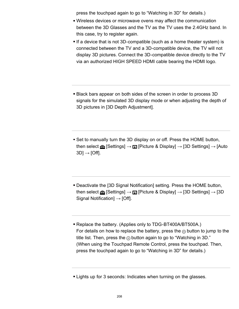 You cannot turn the active 3d glasses on, The led indicator on the active 3d glasses blinks | Sony KDL-60W850B User Manual | Page 214 / 245