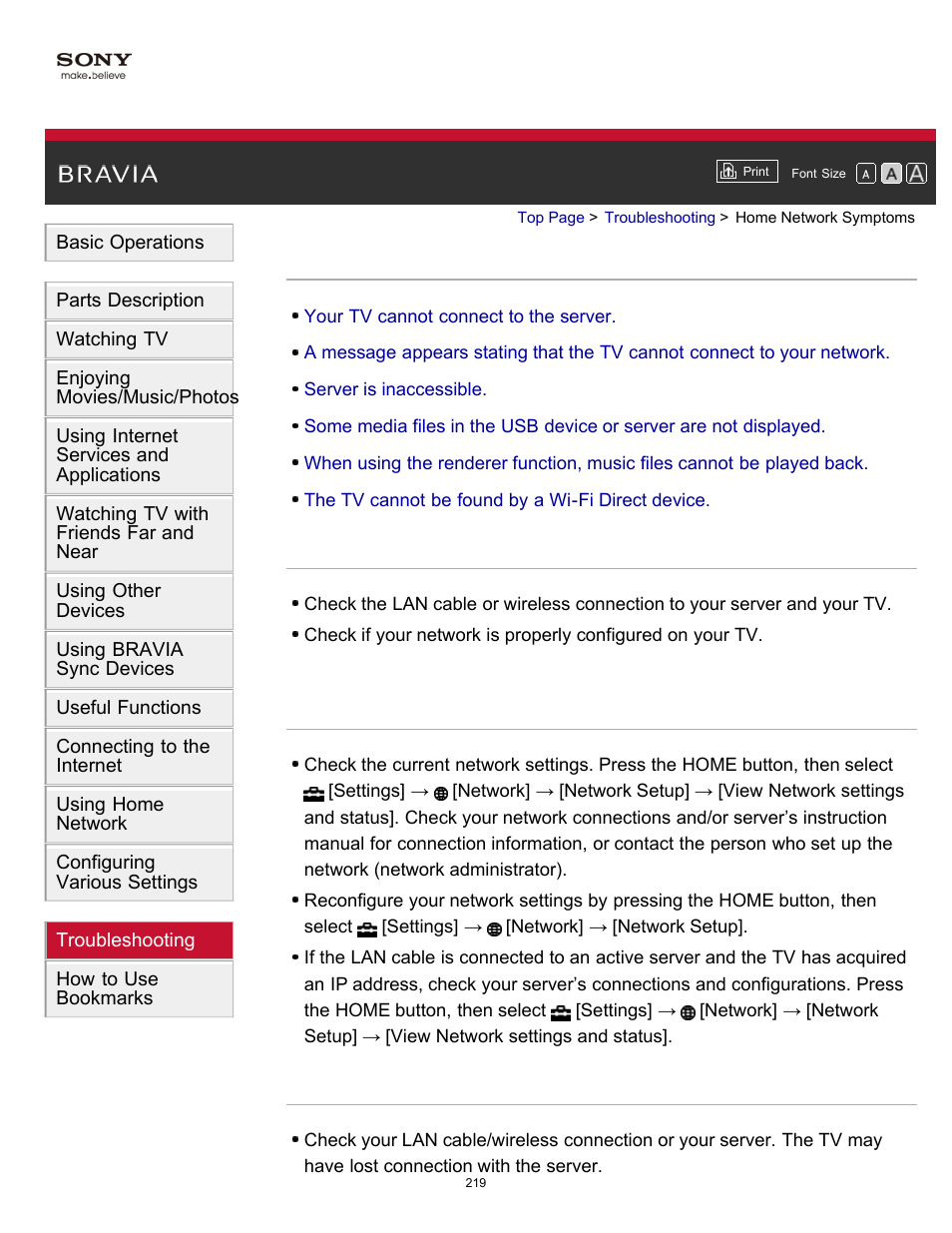 Home network symptoms | Sony KDL-60W850B User Manual | Page 225 / 245