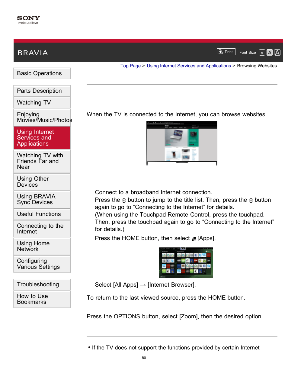Browsing websites | Sony KDL-60W850B User Manual | Page 86 / 245