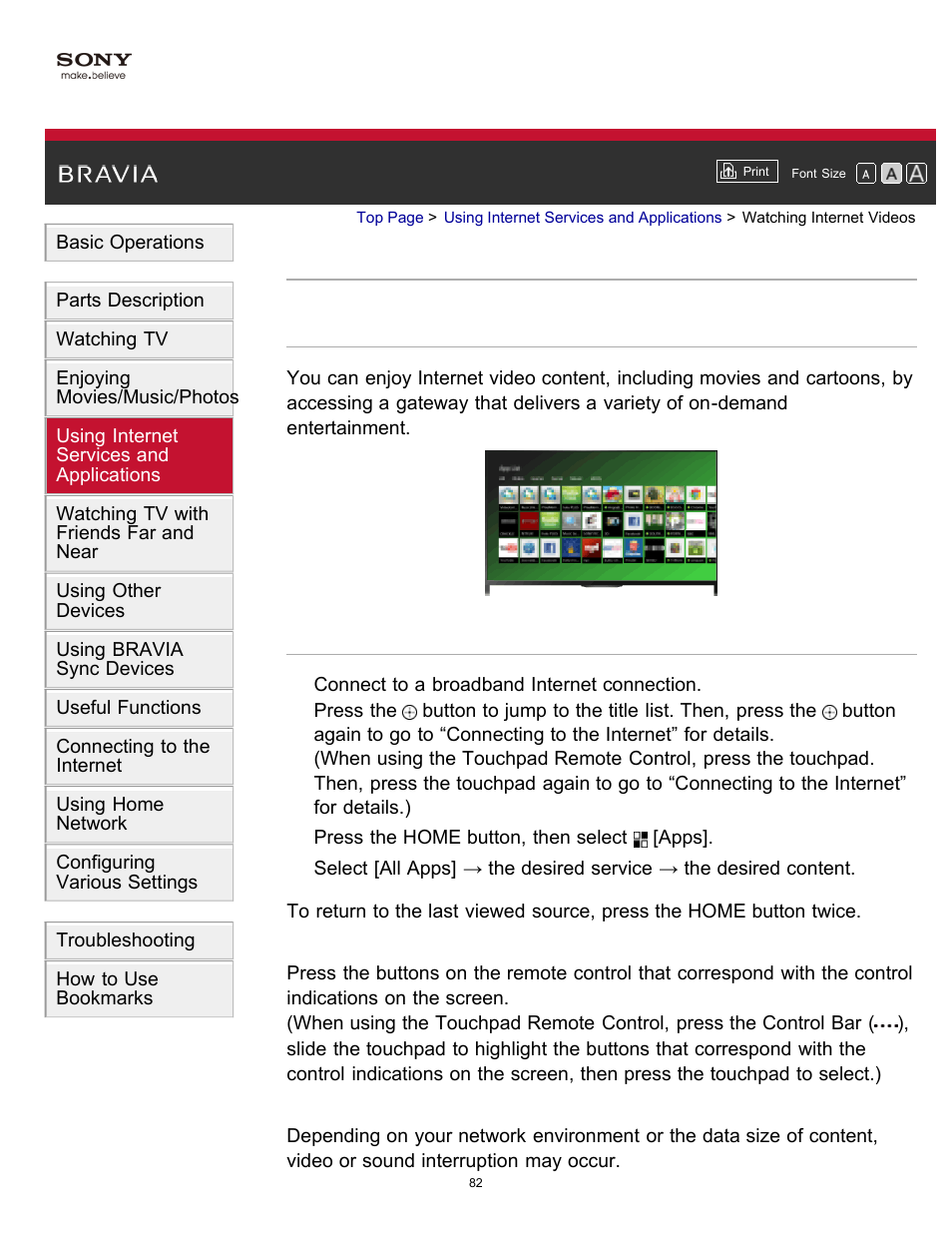 Watching internet videos | Sony KDL-60W850B User Manual | Page 88 / 245