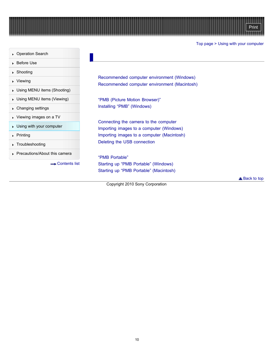 Using with your computer | Sony DSC-W530 User Manual | Page 10 / 167