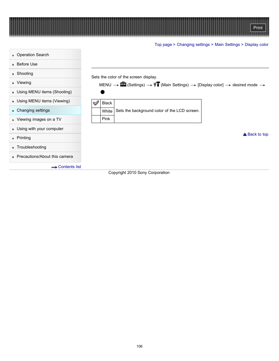 Display color | Sony DSC-W530 User Manual | Page 106 / 167