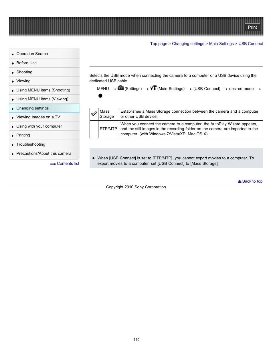 Usb connect | Sony DSC-W530 User Manual | Page 110 / 167