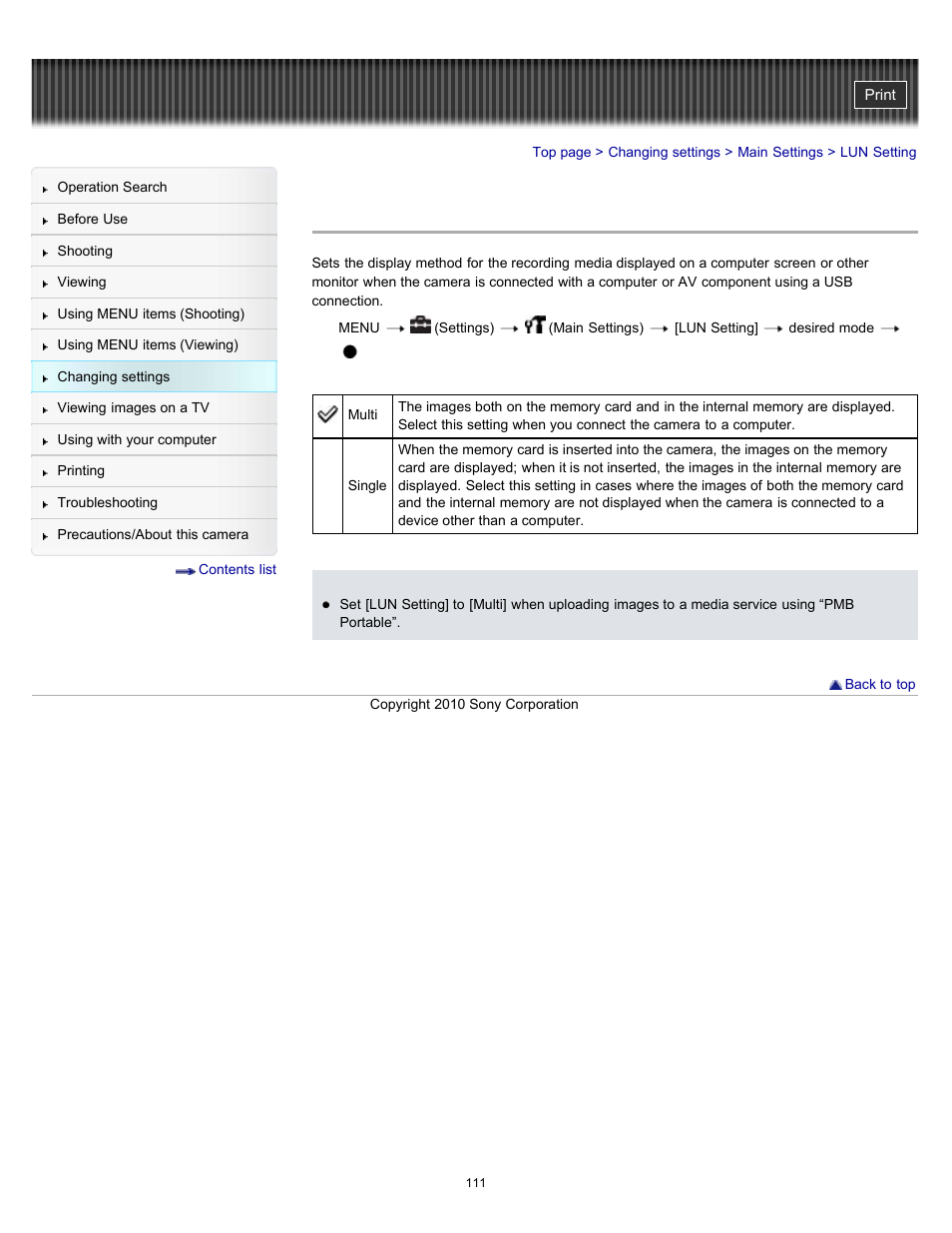 Lun setting | Sony DSC-W530 User Manual | Page 111 / 167