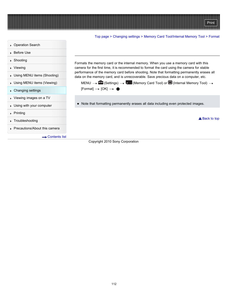 Format | Sony DSC-W530 User Manual | Page 112 / 167