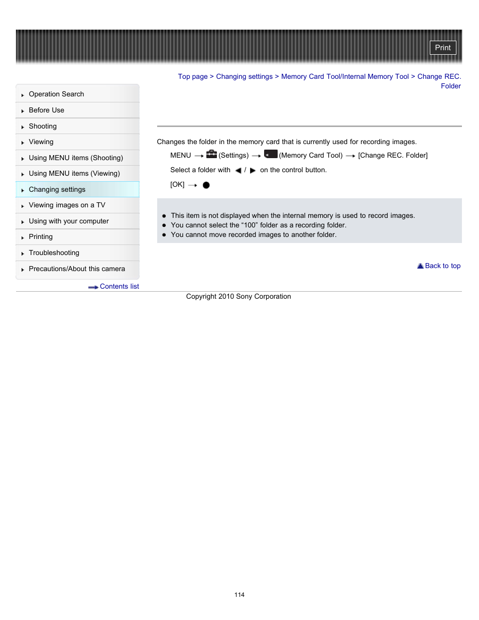 Change rec. folder, Details | Sony DSC-W530 User Manual | Page 114 / 167
