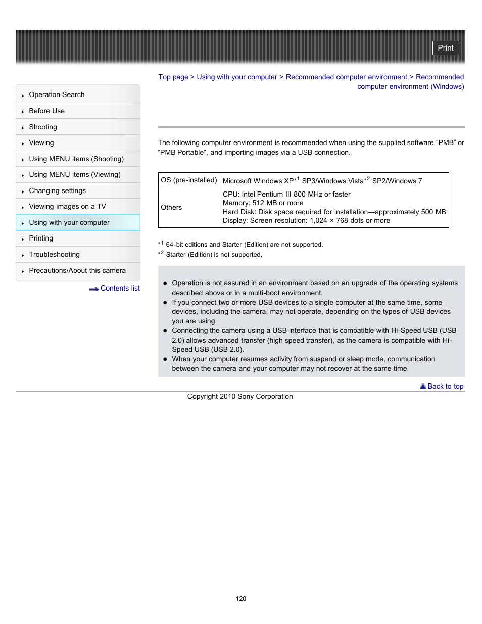 Recommended computer environment (windows), Cyber-shot user guide | Sony DSC-W530 User Manual | Page 120 / 167