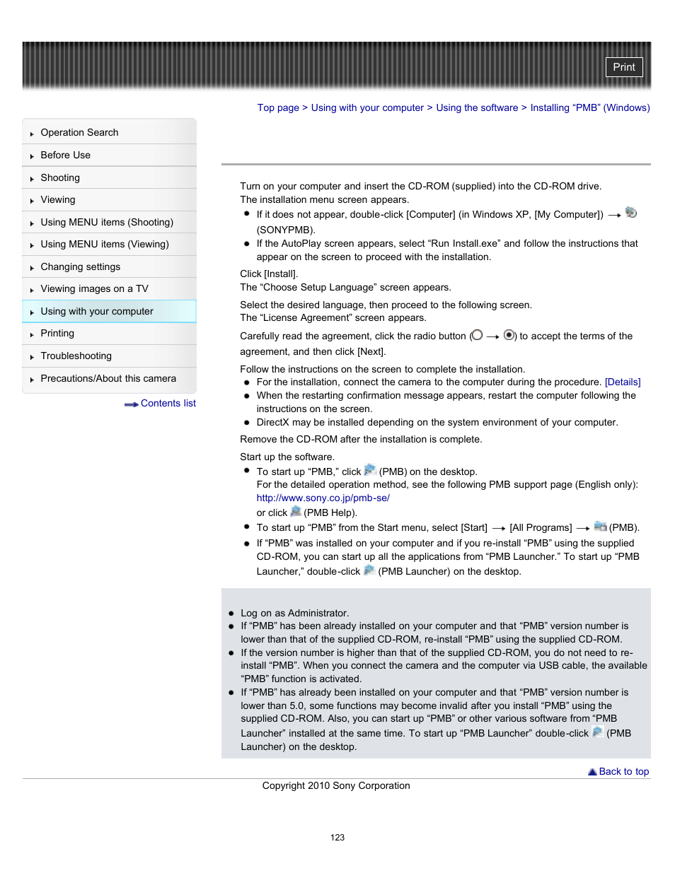 Installing “pmb” (windows) | Sony DSC-W530 User Manual | Page 123 / 167