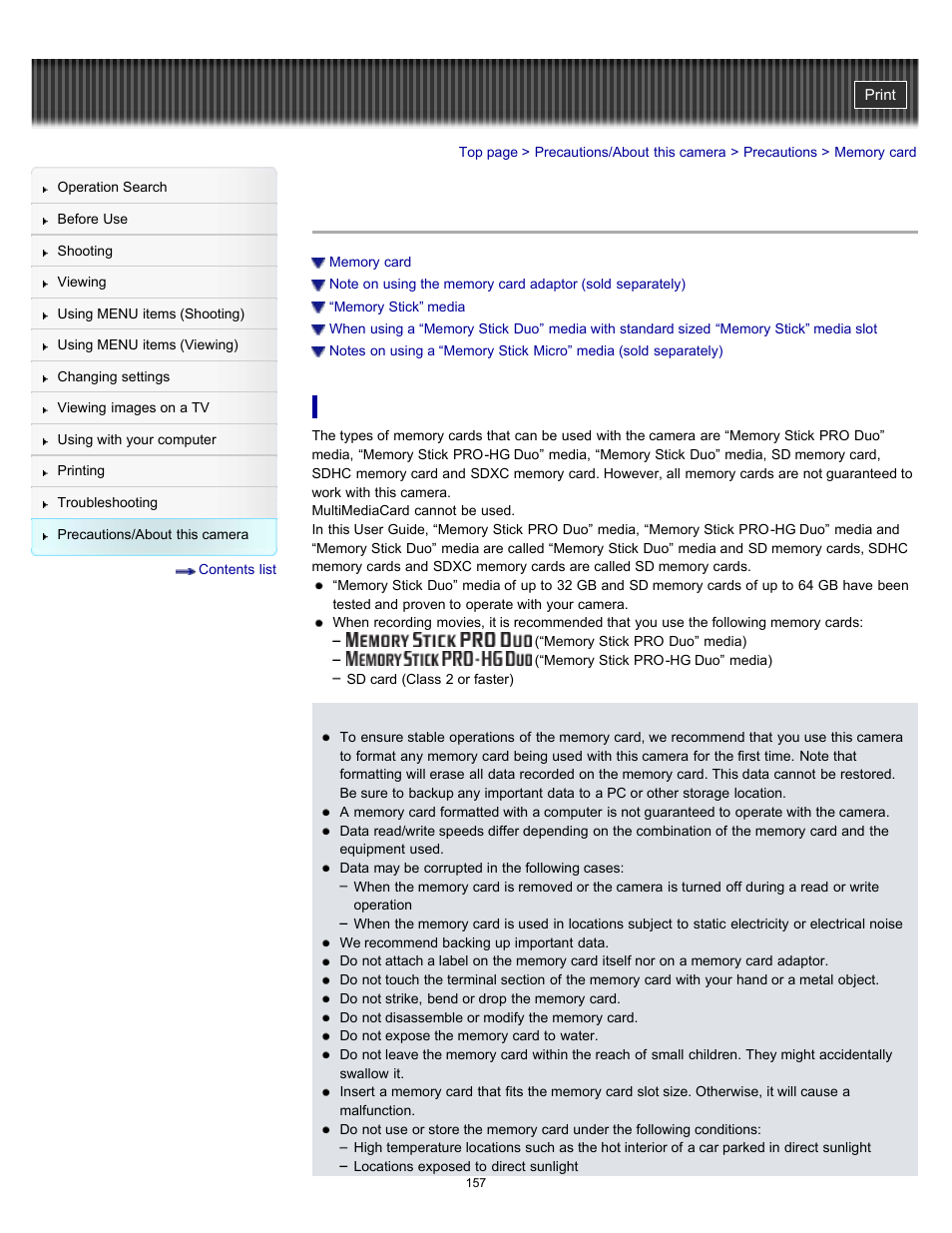 Memory card, Details | Sony DSC-W530 User Manual | Page 157 / 167