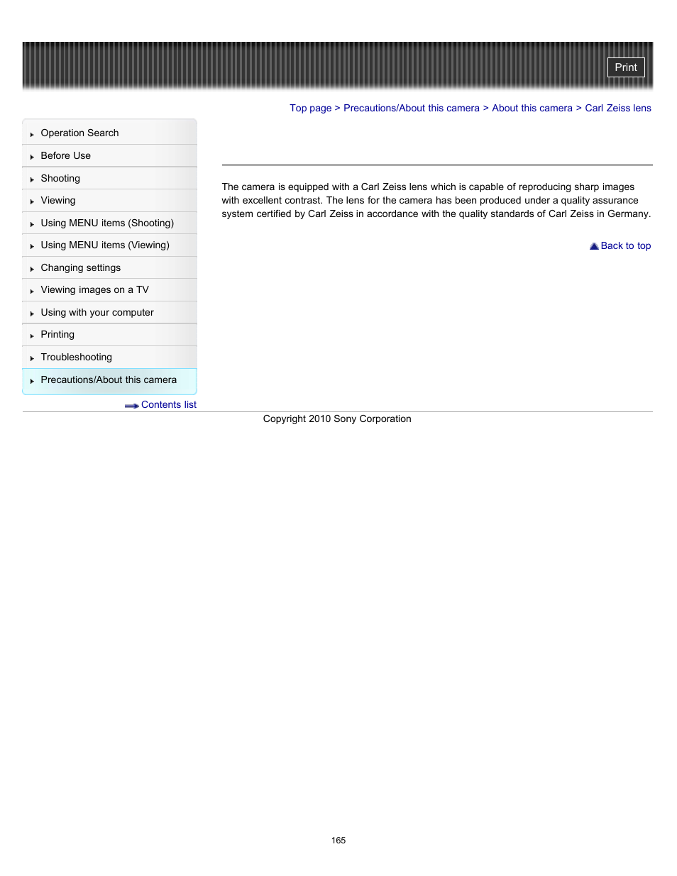 Carl zeiss lens | Sony DSC-W530 User Manual | Page 165 / 167